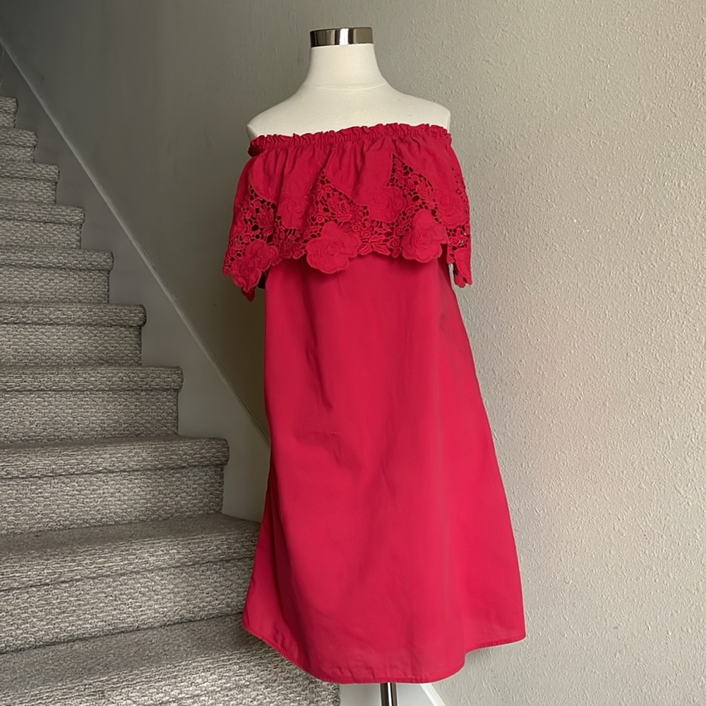 Knox Rose Sz L Red Off Shoulder Embroidered Dress 100% Cotton